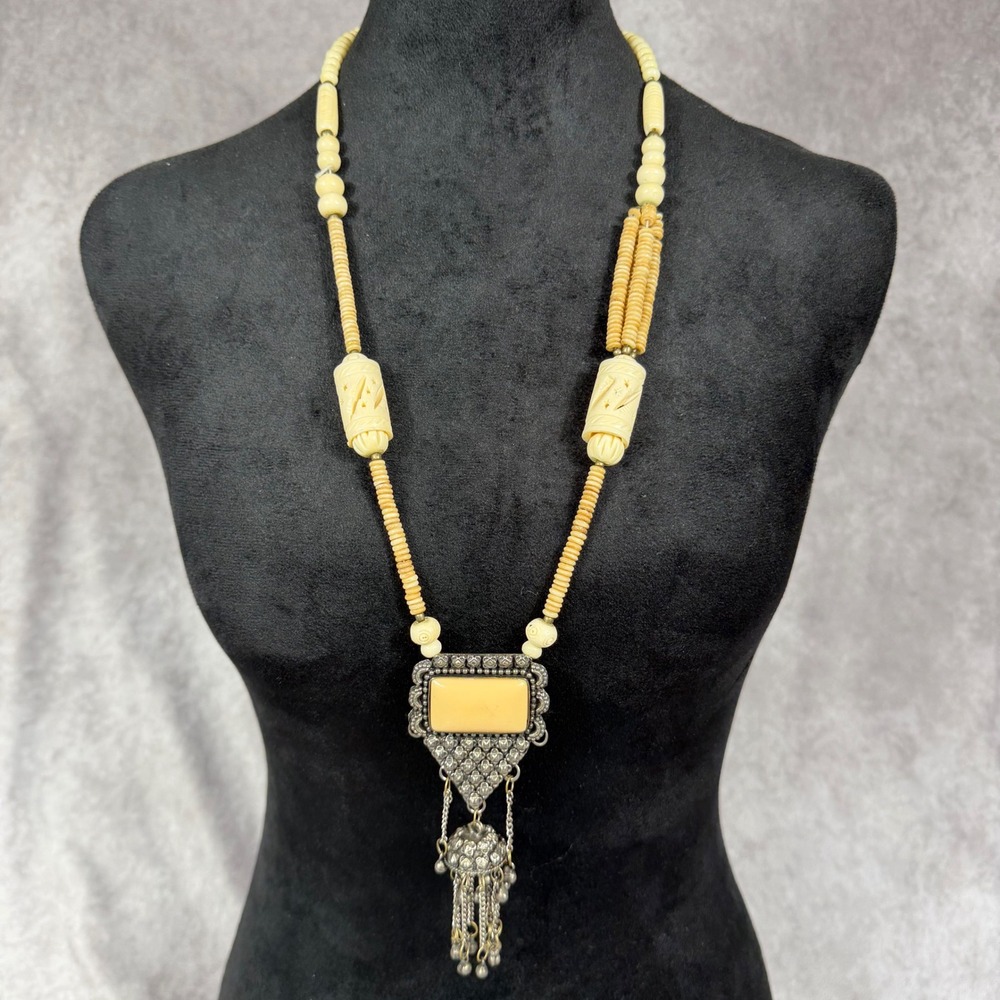 Vtg Ethnic Tribal‎ Statement Necklace Carved Bone Beads Silver Cream Boho Chunky